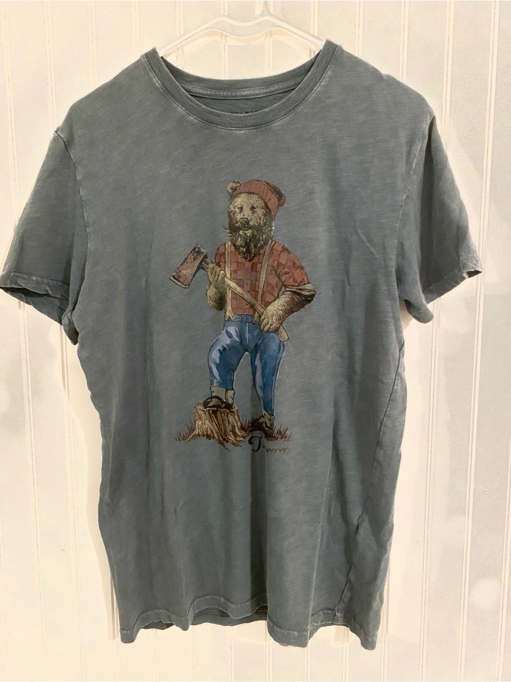 Lucky Brand Blue-Grey Short Sleeve Tee with Bear Lumberjack Graphic